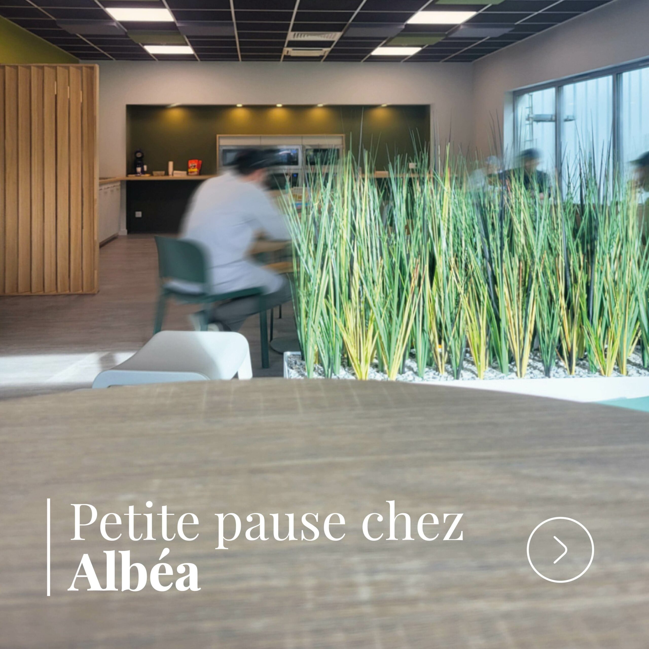 Salle de pause moderne aménagée pour les employés avec tables, végétation et espace détente.