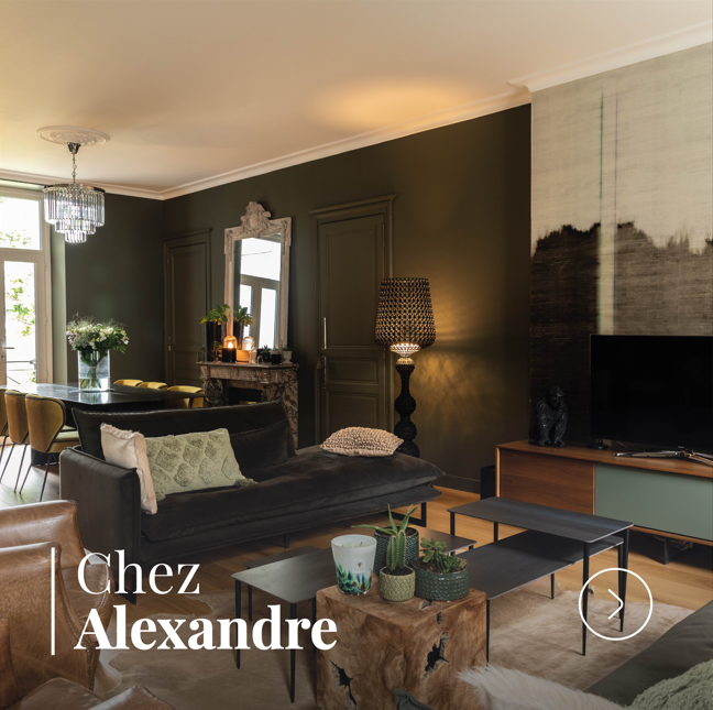 Salon et salle à manger rénovés dans une maison ancienne avec parquet bois, mobilier contemporain et murs foncés.